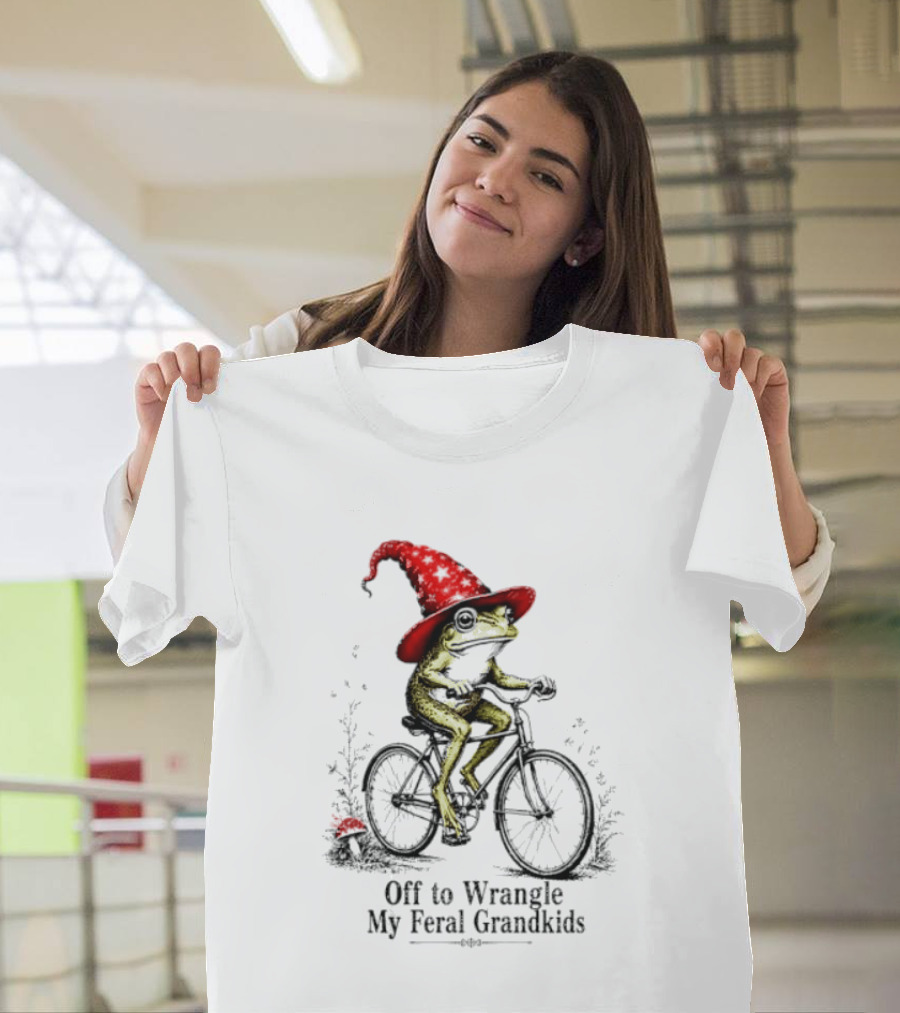 Off To Wrangle My Feral Grandkids Wizard Frog On Bicycle With Red Hat T-Shirt