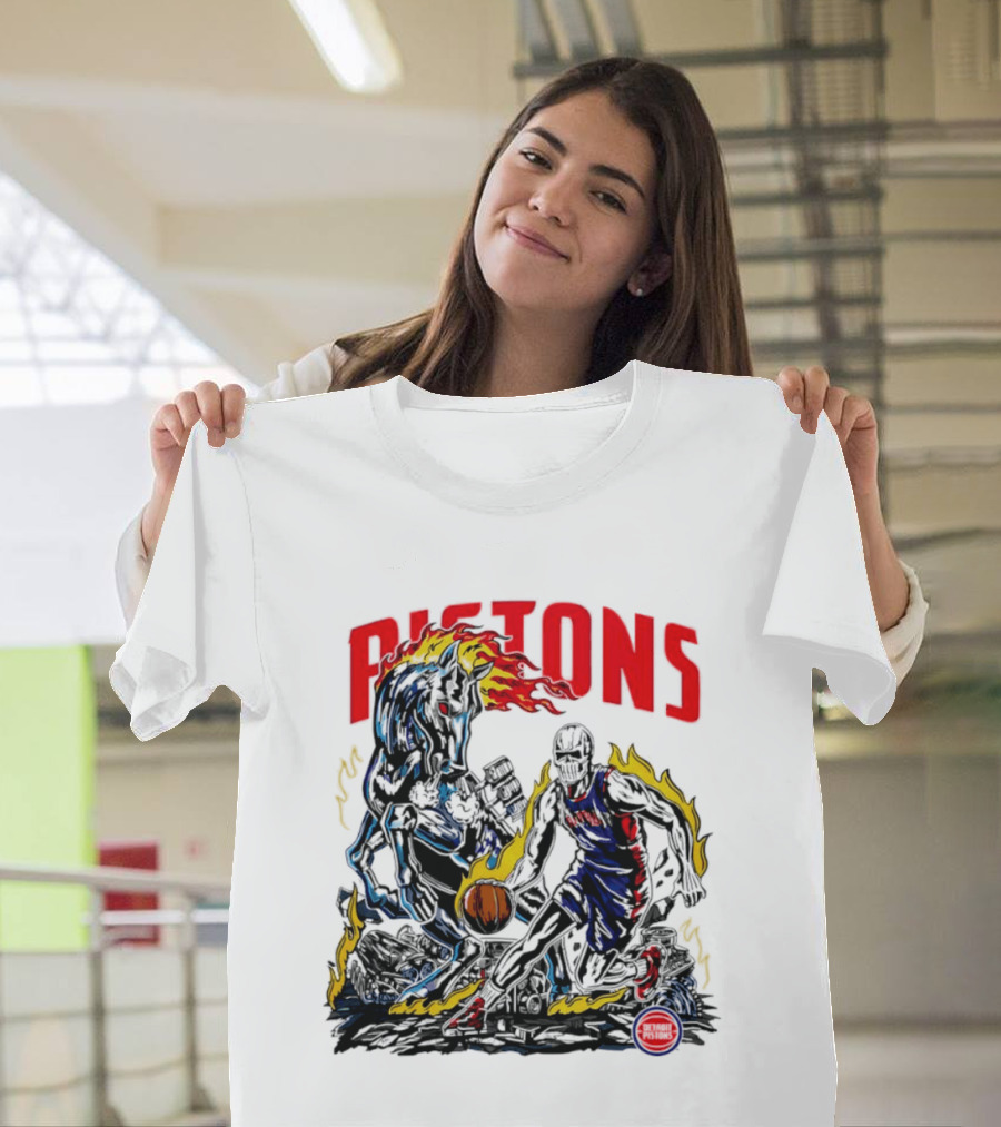 Detroit Pistons Skull Basketball Horse Flames Robot T-Shirt