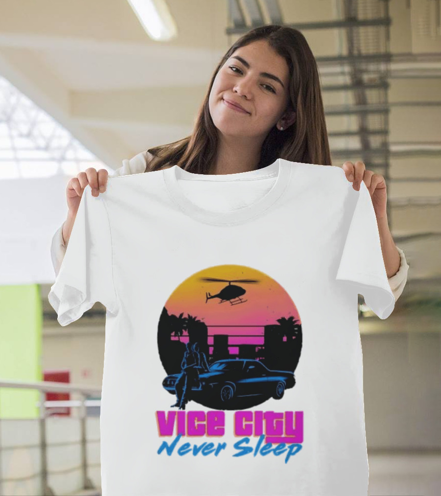 Vice City Never Sleep 80s Sunset Car Helicopter T-Shirt