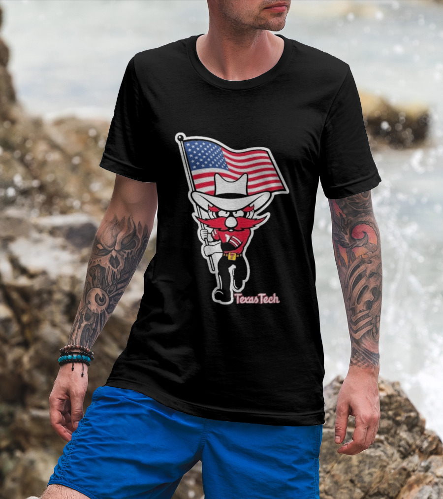 Texas Tech Red Raider Holding American Flag Sticker T-Shirt