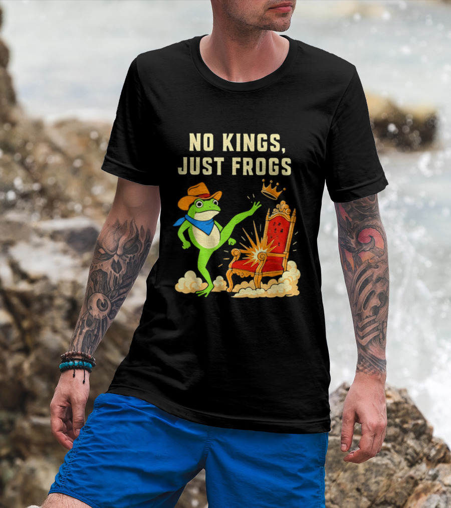 No Kings Just Frogs Portland Cowboy Frog Kicking Crown From Throne T-Shirt