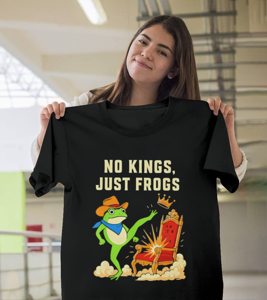 No Kings Just Frogs Portland Cowboy Frog Kicking Crown From Throne T-Shirt