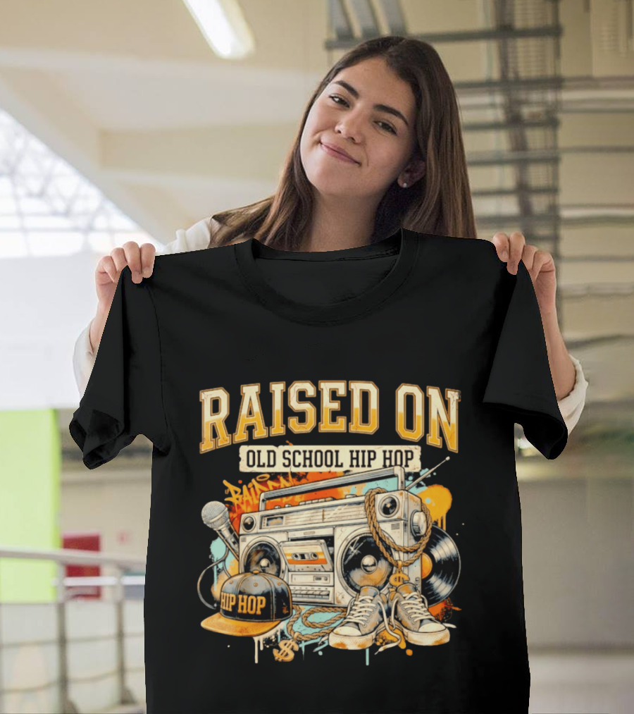 Raised On Old School Hip Hop Boombox Sneakers Microphone Cap Vinyl T-Shirt