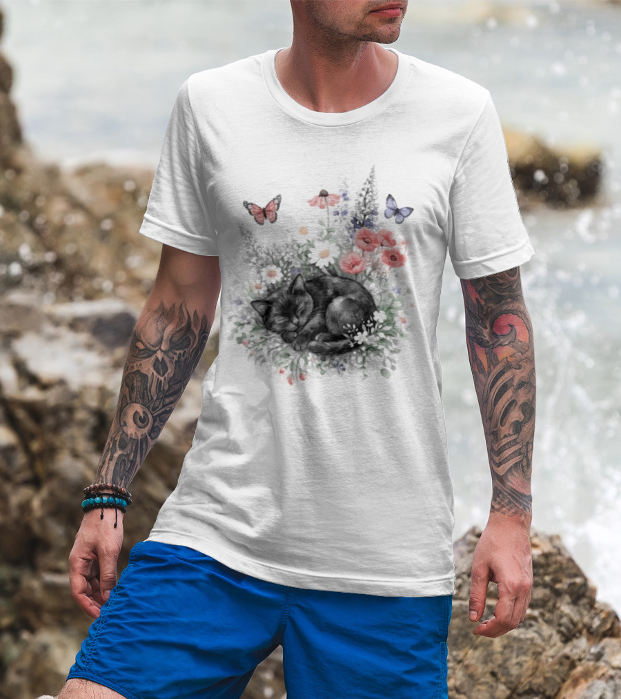 Black Cat Surrounded By Vibrant Flowers And Butterflies T-Shirt