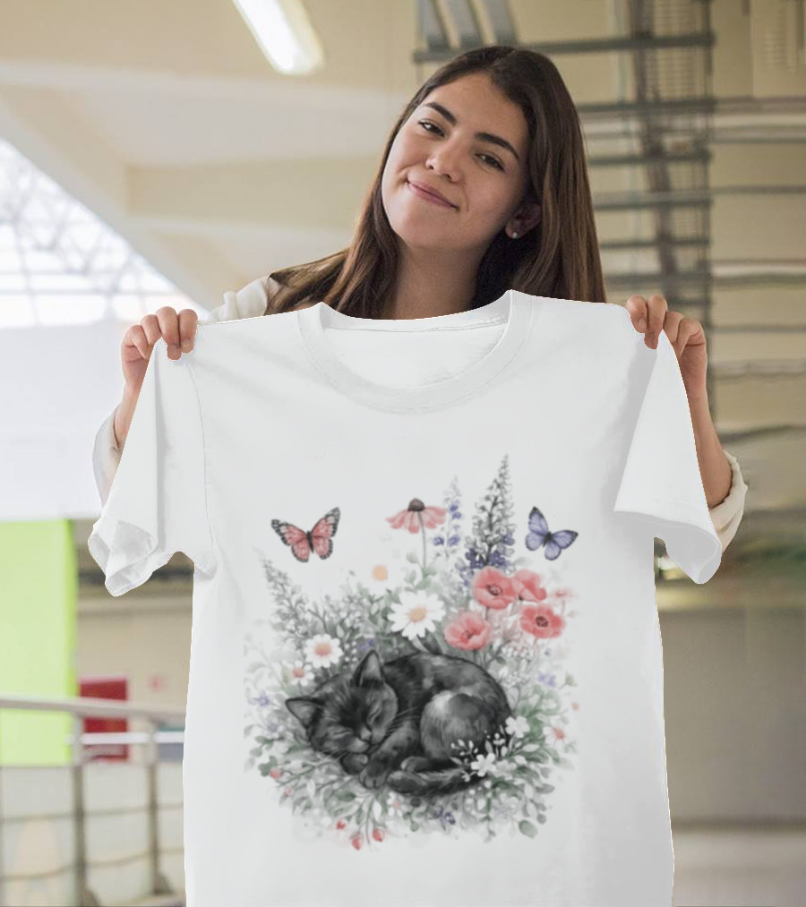 Black Cat Surrounded By Vibrant Flowers And Butterflies T-Shirt