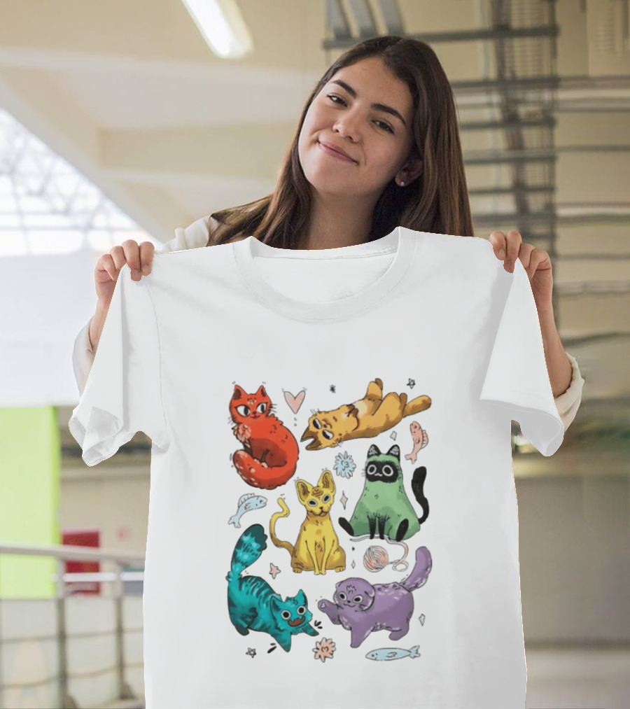 Whimsical Colorful Cats And Rainbow Hearts Collage T-Shirt