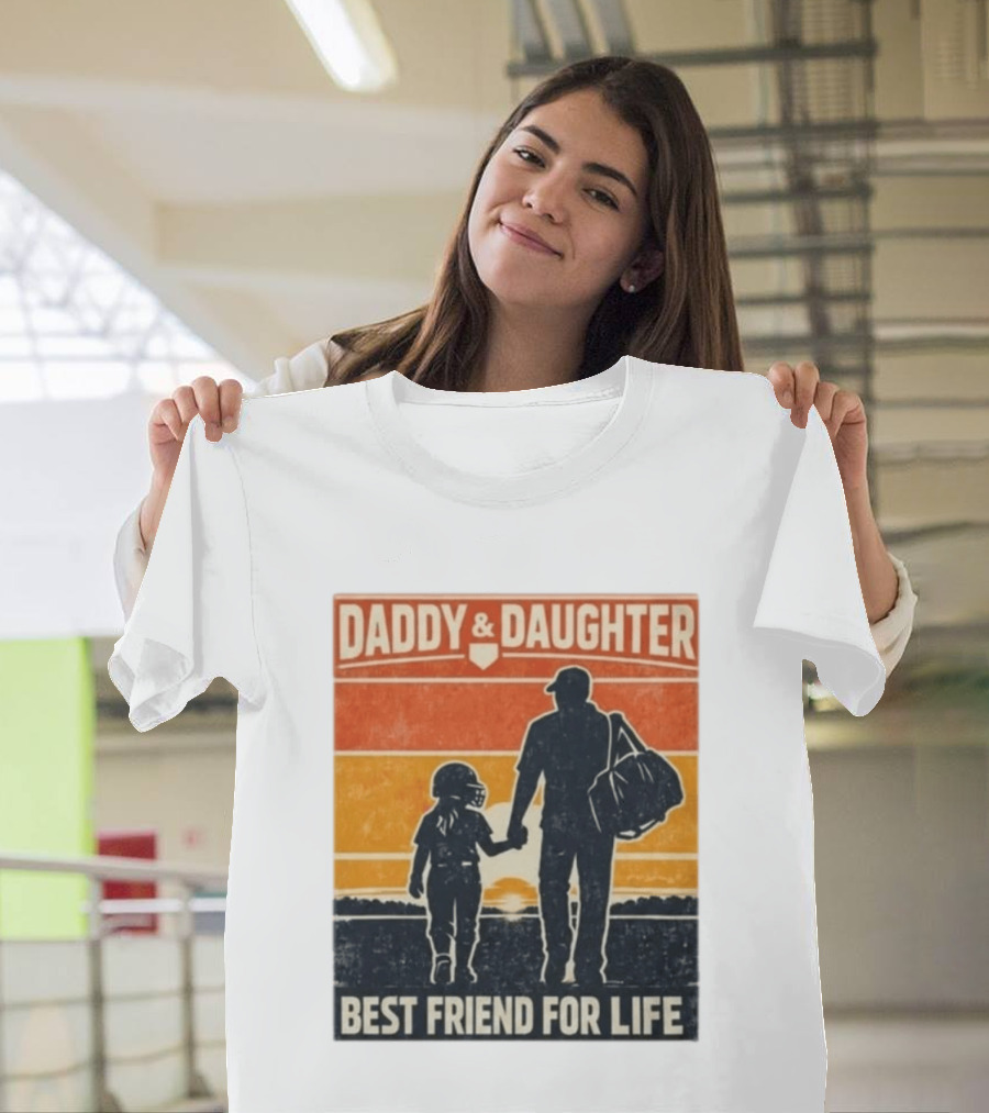 Daddy & Daughter Best Friend For Life Baseball Softball Silhouette Retro Sunset T-Shirt