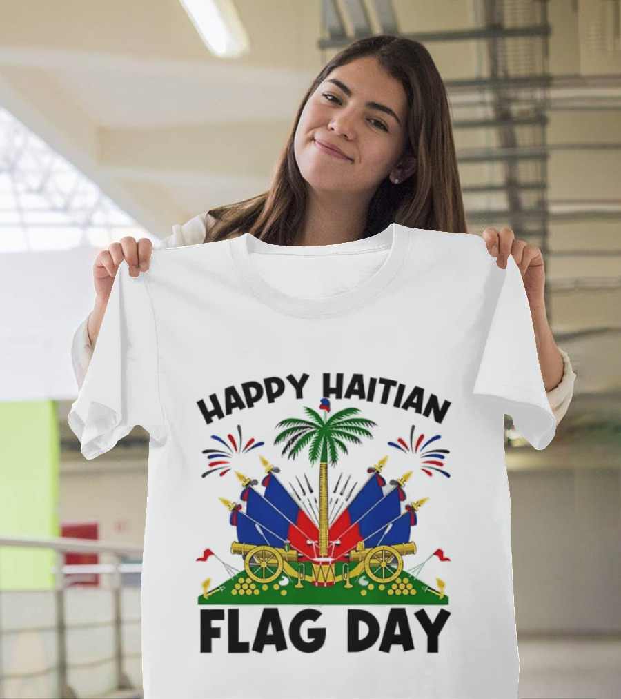 Happy Haitian Flag Day Coat Of Arms Palm Tree Cannons Fireworks Celebration T-Shirt
