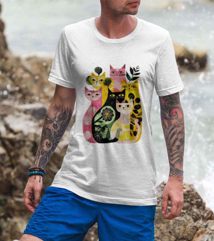 Vibrant Stylized Cats Botanical Foliage Whimsical T-Shirt