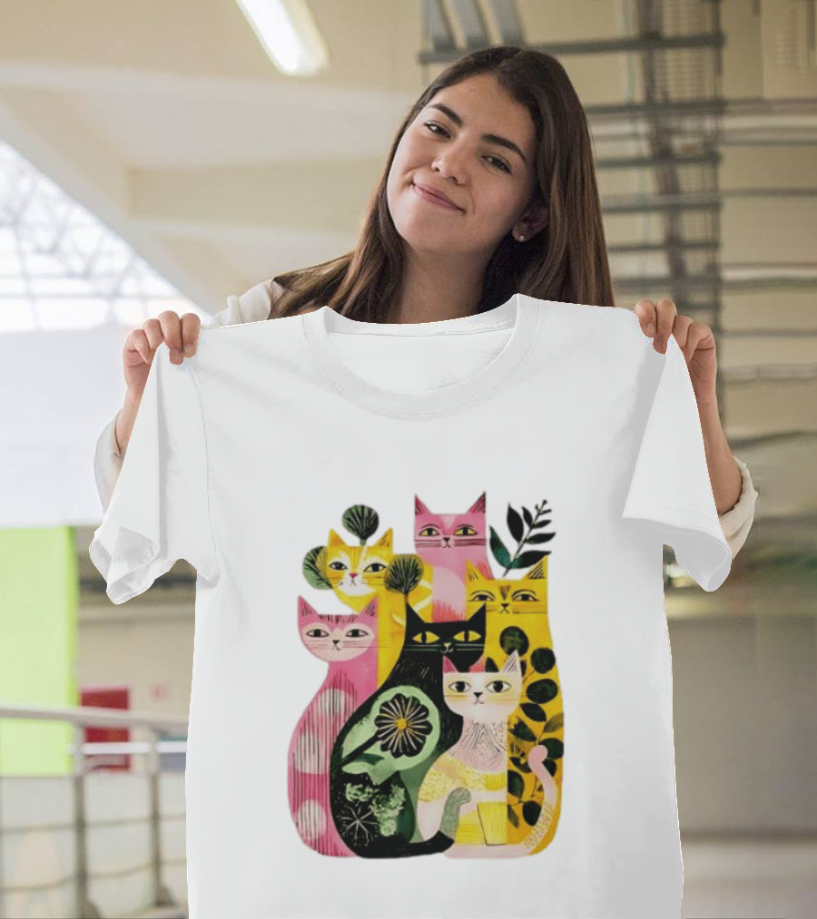Vibrant Stylized Cats Botanical Foliage Whimsical T-Shirt