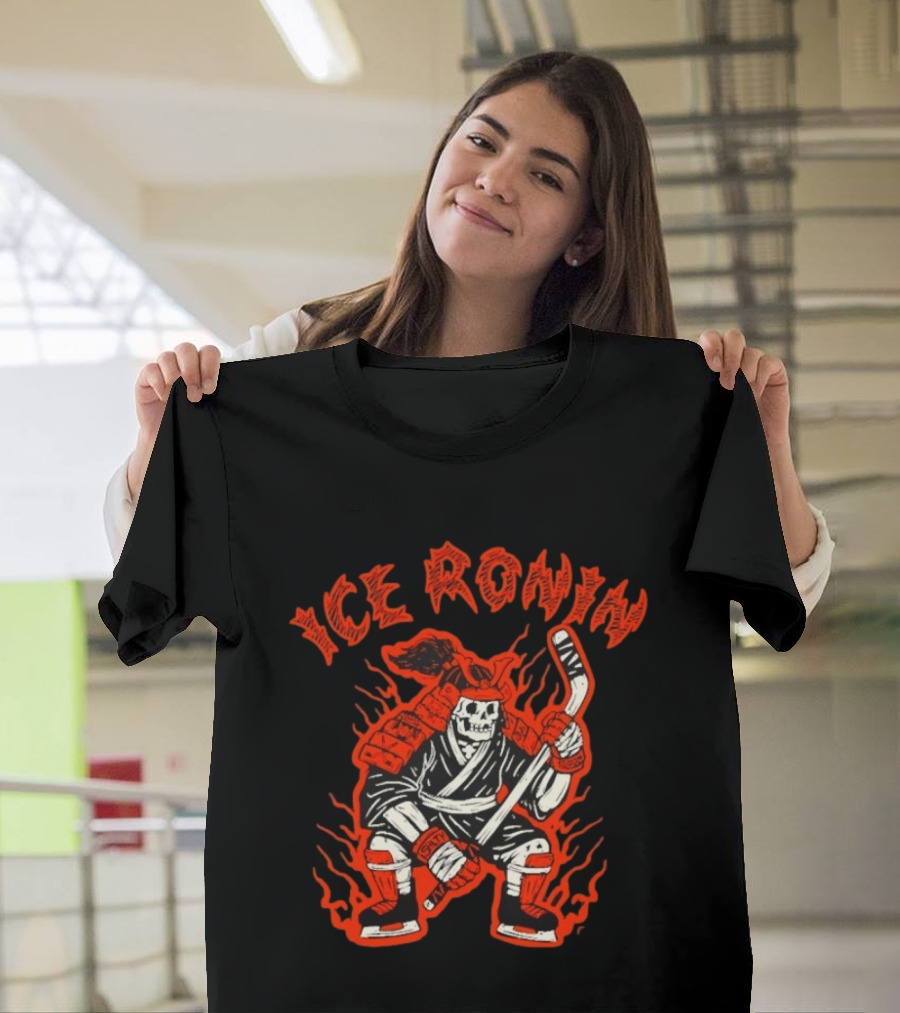Ice Ronin Samurai Skull Hockey Stick Flames T-Shirt