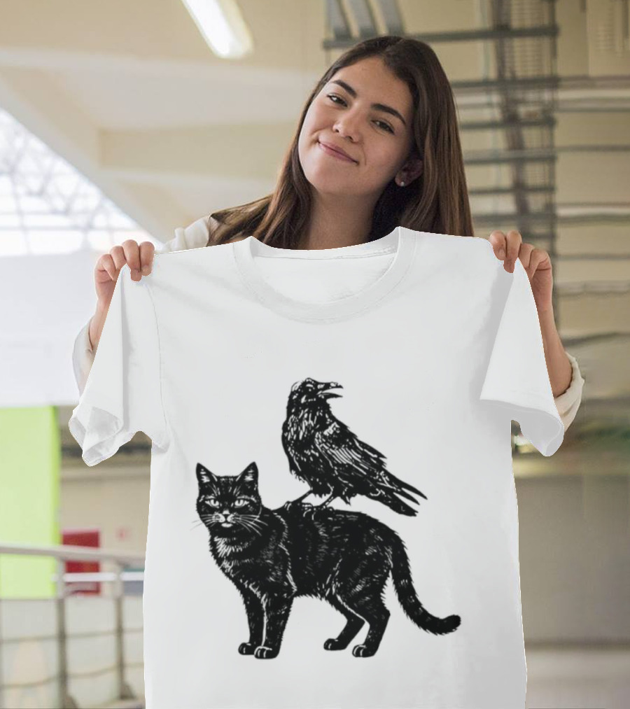 Black Cat And Raven Silhouette Duo T-Shirt