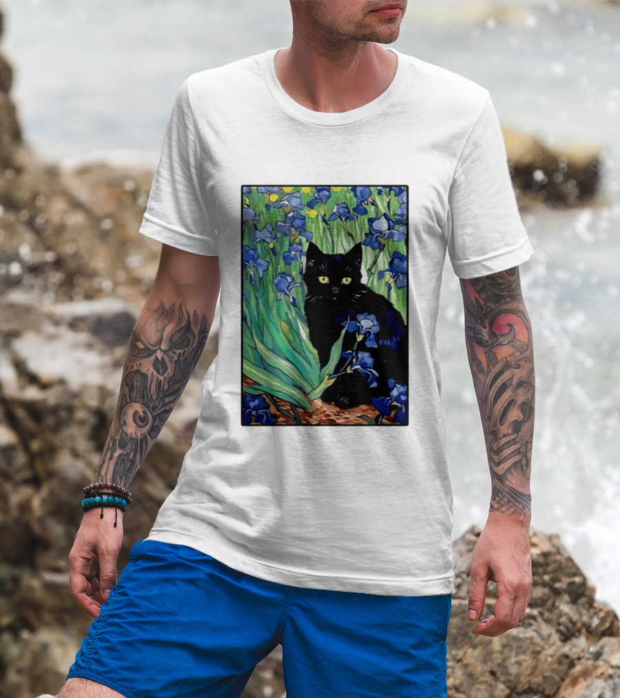 Black Cat With Van Gogh Irises Painting T-Shirt