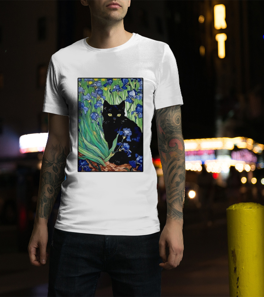 Black Cat With Van Gogh Irises Painting T-Shirt