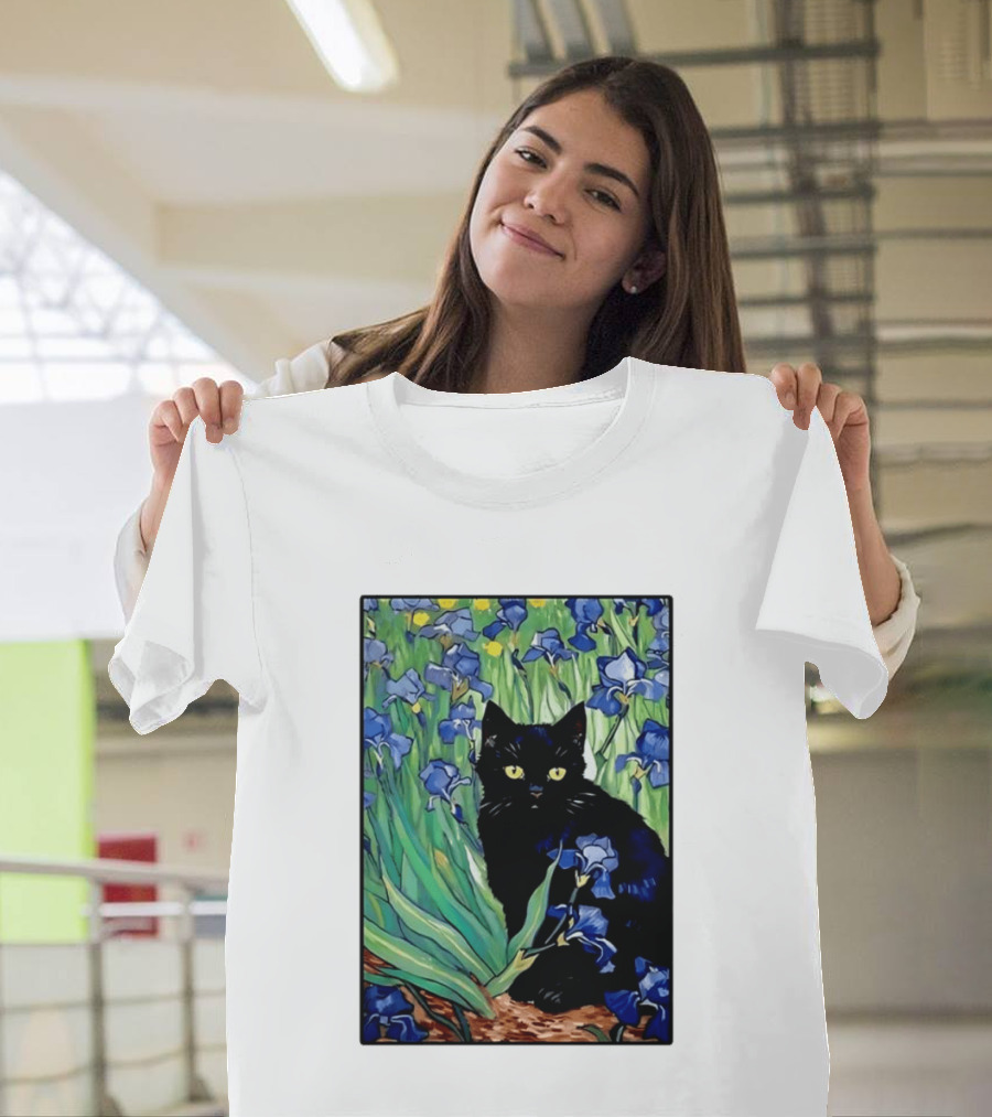 Black Cat With Van Gogh Irises Painting T-Shirt