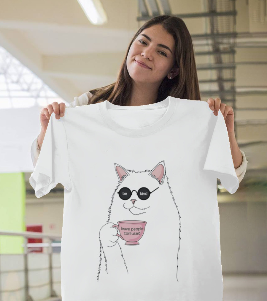 Cat With Sunglasses Holding 'Leave People Confused' Coffee Cup T-Shirt