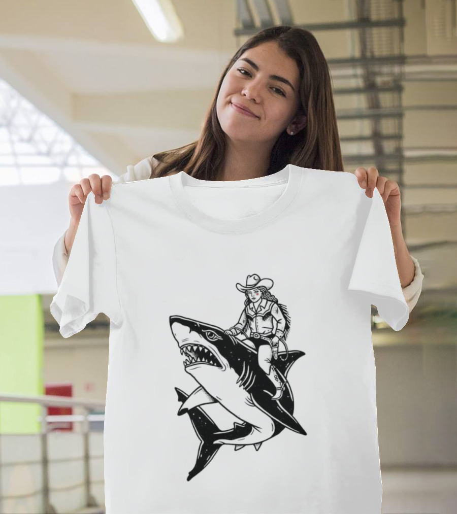 Cowgirl Riding Shark Novelty T-Shirt