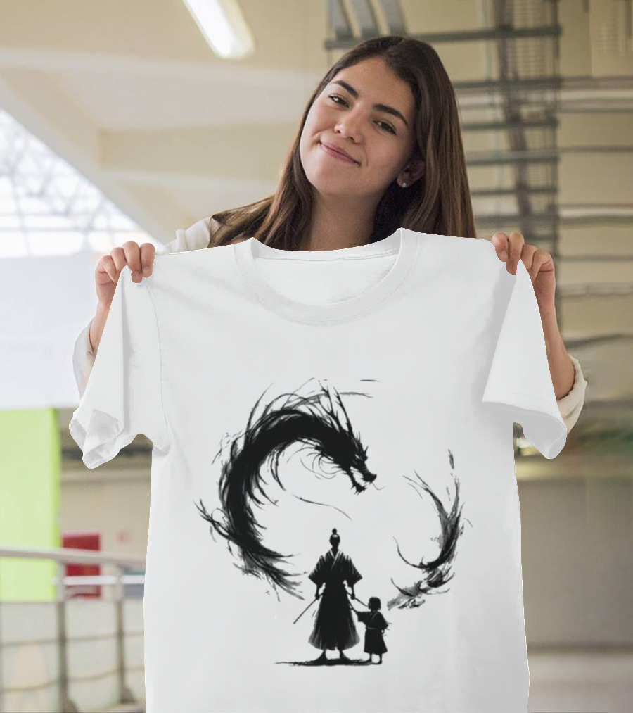 Samurai And Son With Black Dragon Circle T-Shirt