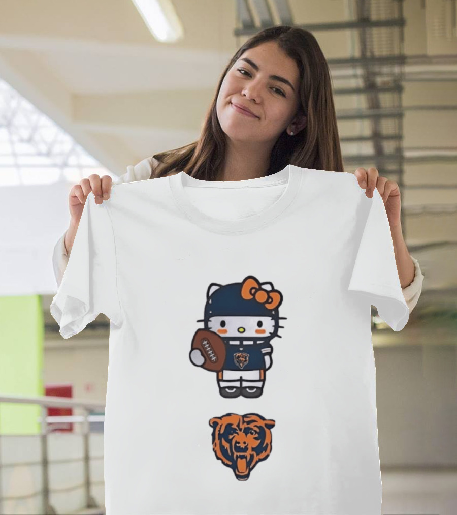 Hello Kitty Bears Football With Chicago Bear Head T-Shirt