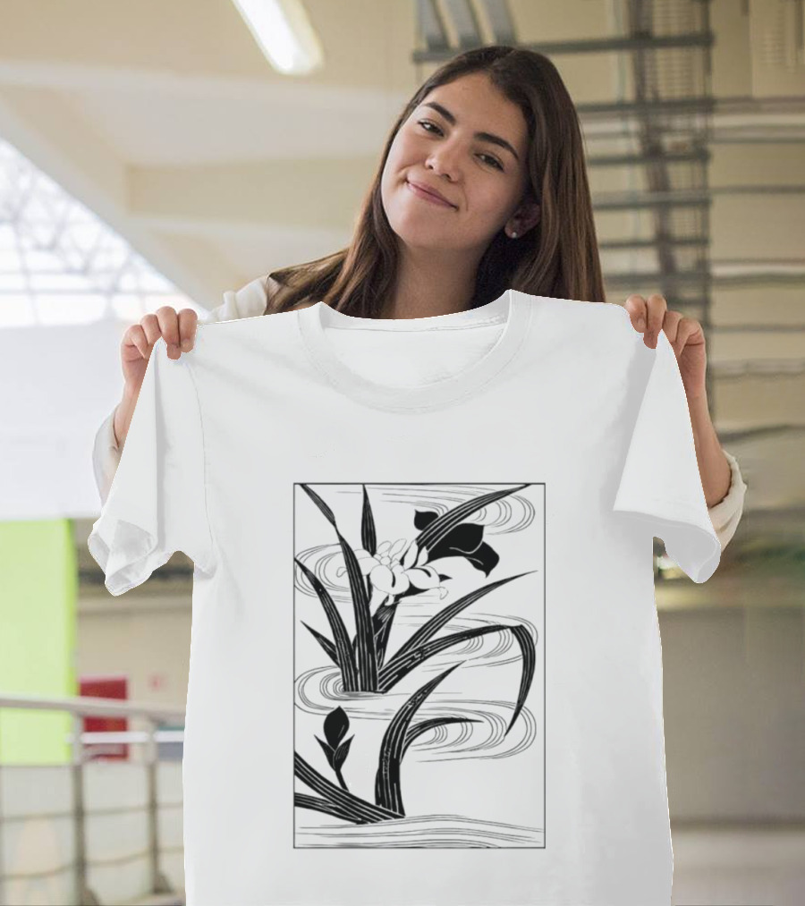 Japanese Black And White Irises In Water With Flowing Waves T-Shirt