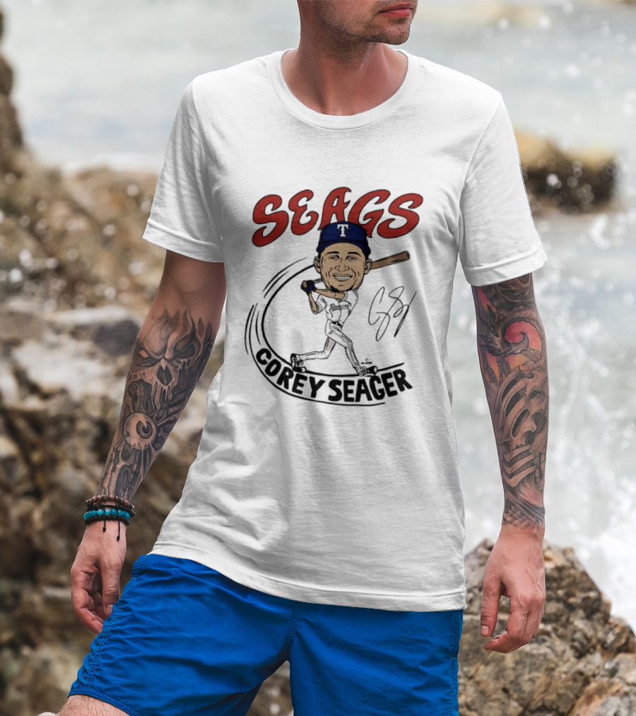 Seags Corey Seager Texas Rangers Slugger Swing Caricature T-Shirt