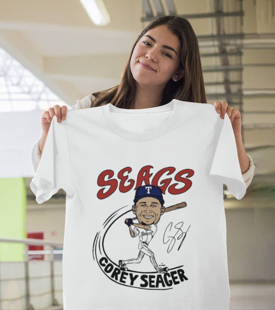 Seags Corey Seager Texas Rangers Slugger Swing Caricature T-Shirt