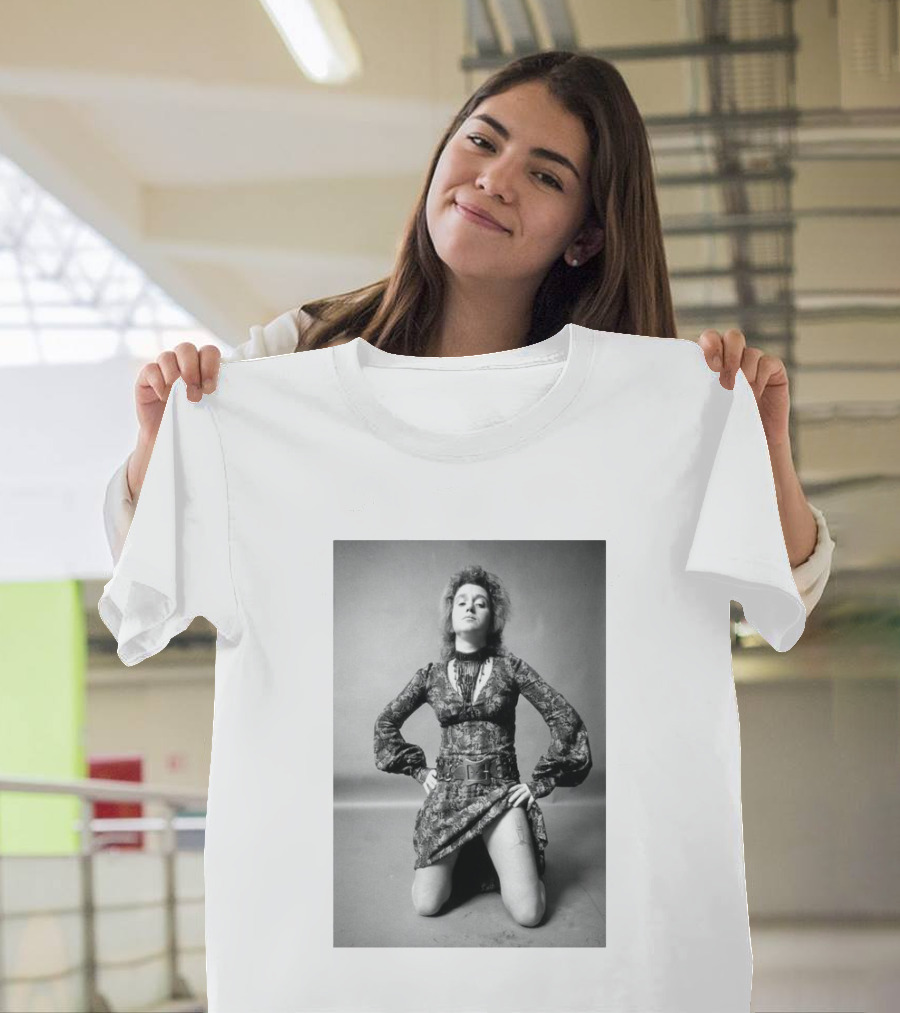 Valie Export Iconic Performance Tribute Kneeling Image With Patterned Dress And Belt T-Shirt