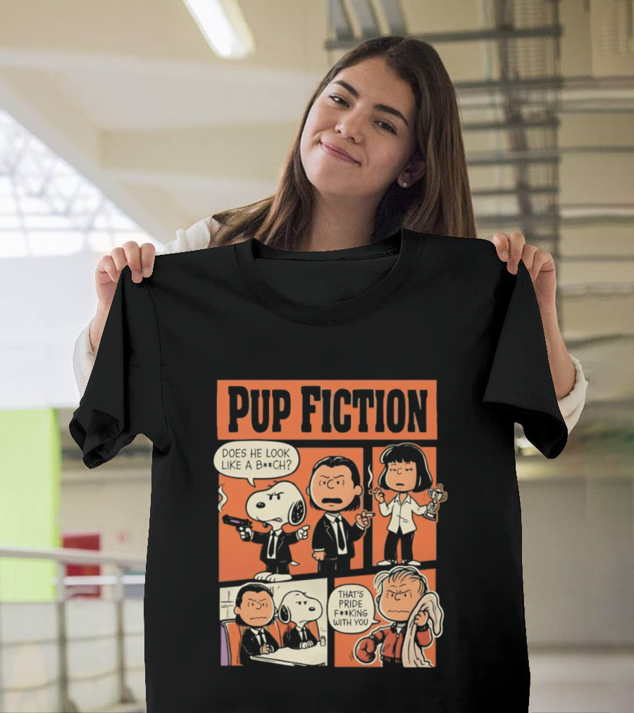 Pup Fiction Peanuts And Pulp Fiction Characters Mashup T-Shirt