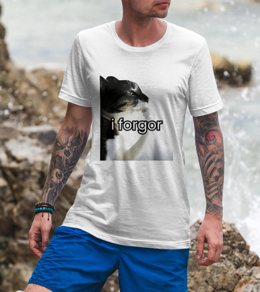 Cat I Forgor Meme Digital Image Paw Licking Pensive Moment T-Shirt