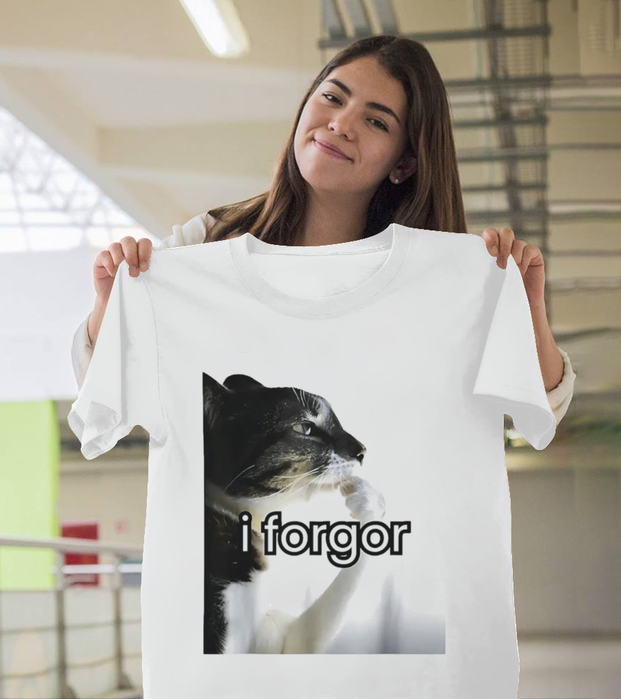 Cat I Forgor Meme Digital Image Paw Licking Pensive Moment T-Shirt