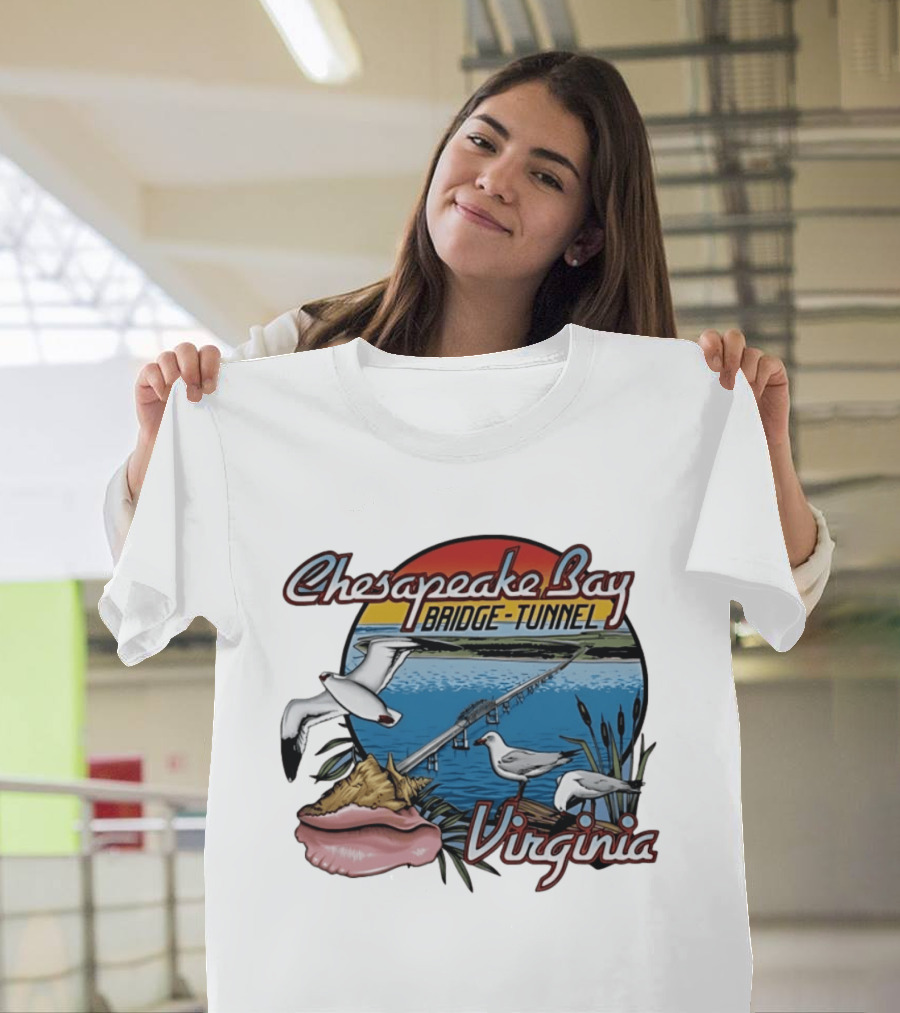 Chesapeake Bay Bridge Tunnel Virginia Seagulls Sunset Scene T-Shirt