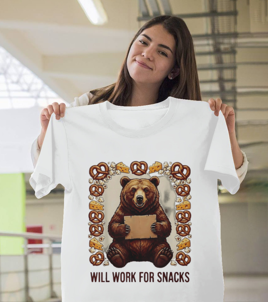 Bear Holding Cardboard Surrounded By Pretzels Cheese Popcorn Will Work For Snacks T-Shirt