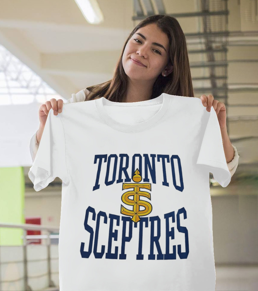Toronto Sceptres Sports Team Logo Icon With Gold Emblem And Blue T-Shirt