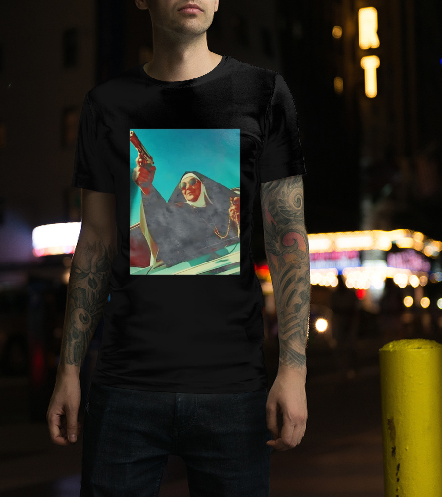 Nun In Black Habit Leaning Out Lowrider With Gun And Rosary T-Shirt