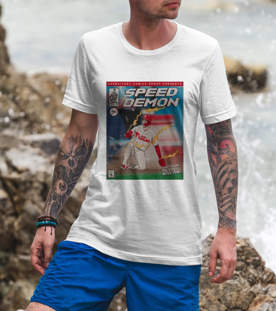 DSaraiyart Speed Demon Phillies April 23 Comics Group Don't Blink Trea Turner T-Shirt