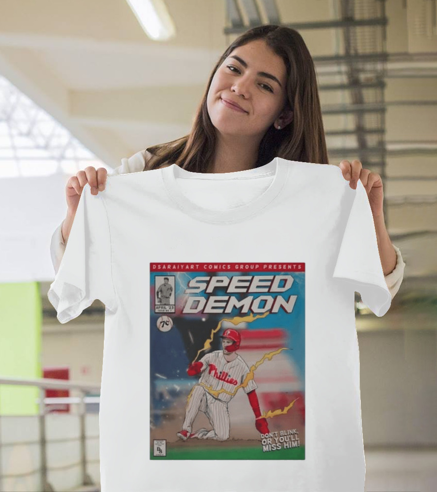 DSaraiyart Speed Demon Phillies April 23 Comics Group Don't Blink Trea Turner T-Shirt