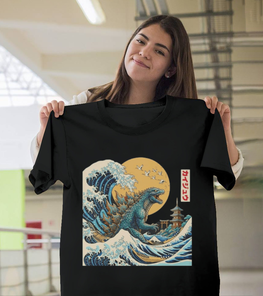 Kaiju Wave Monster Japanese Kawaki Kanji Pagoda Ukiyo E T-Shirt