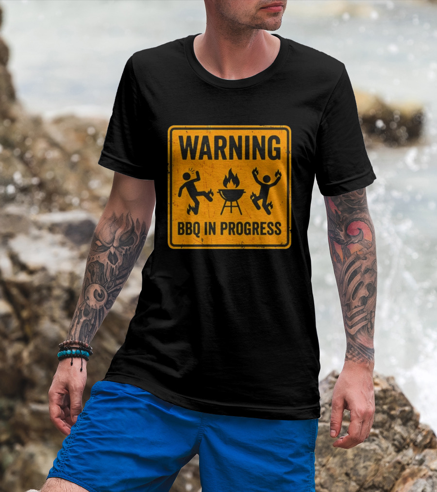 WARNING BBQ In Progress Funny Caution Sign With Flames T-Shirt