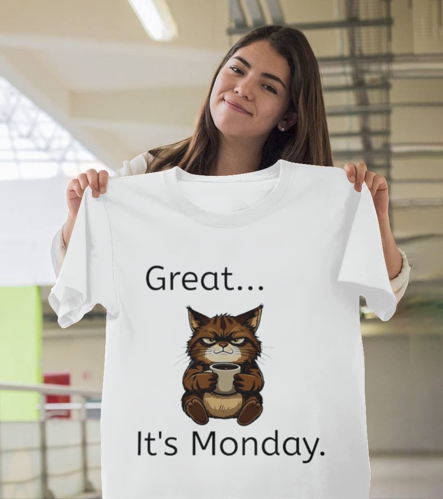 Great It's Monday Mood Cat With Coffee T-Shirt