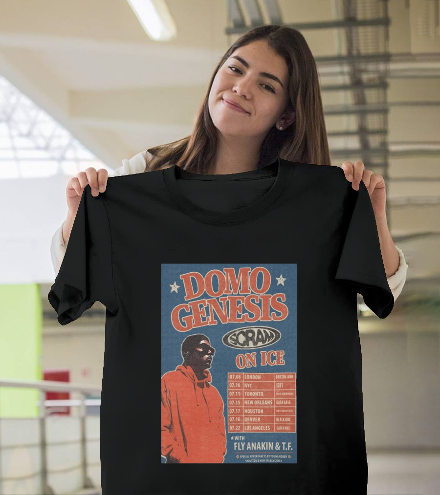 Domo Genesis Scram On Ice World Tour 2026 With Fly Anakin And T.F. London NYC Toronto New Orleans Houston Denver Los Angeles T-Shirt