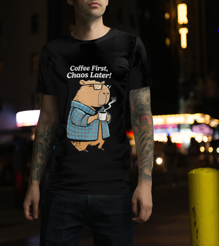 Coffee First Chaos Later Capybara In Plaid With T-Shirt