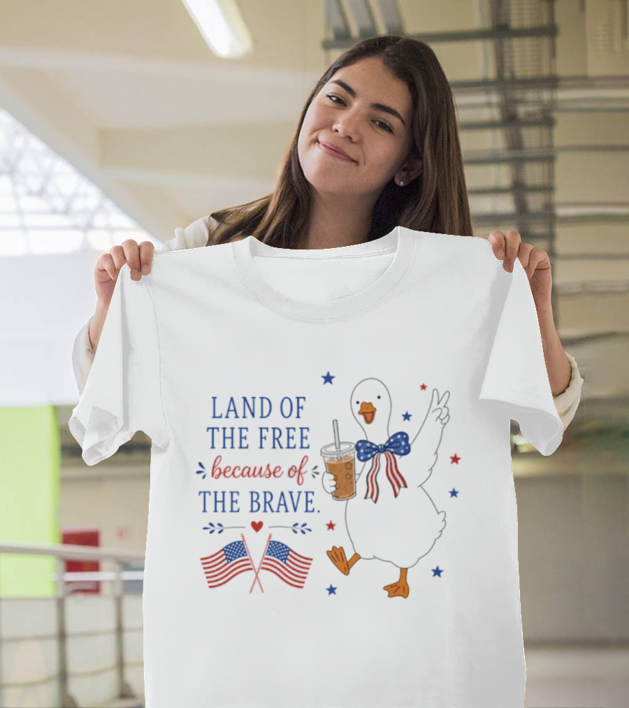 Land Of The Free Because Of The Brave Duck With Flags And Bubble Tea T-Shirt