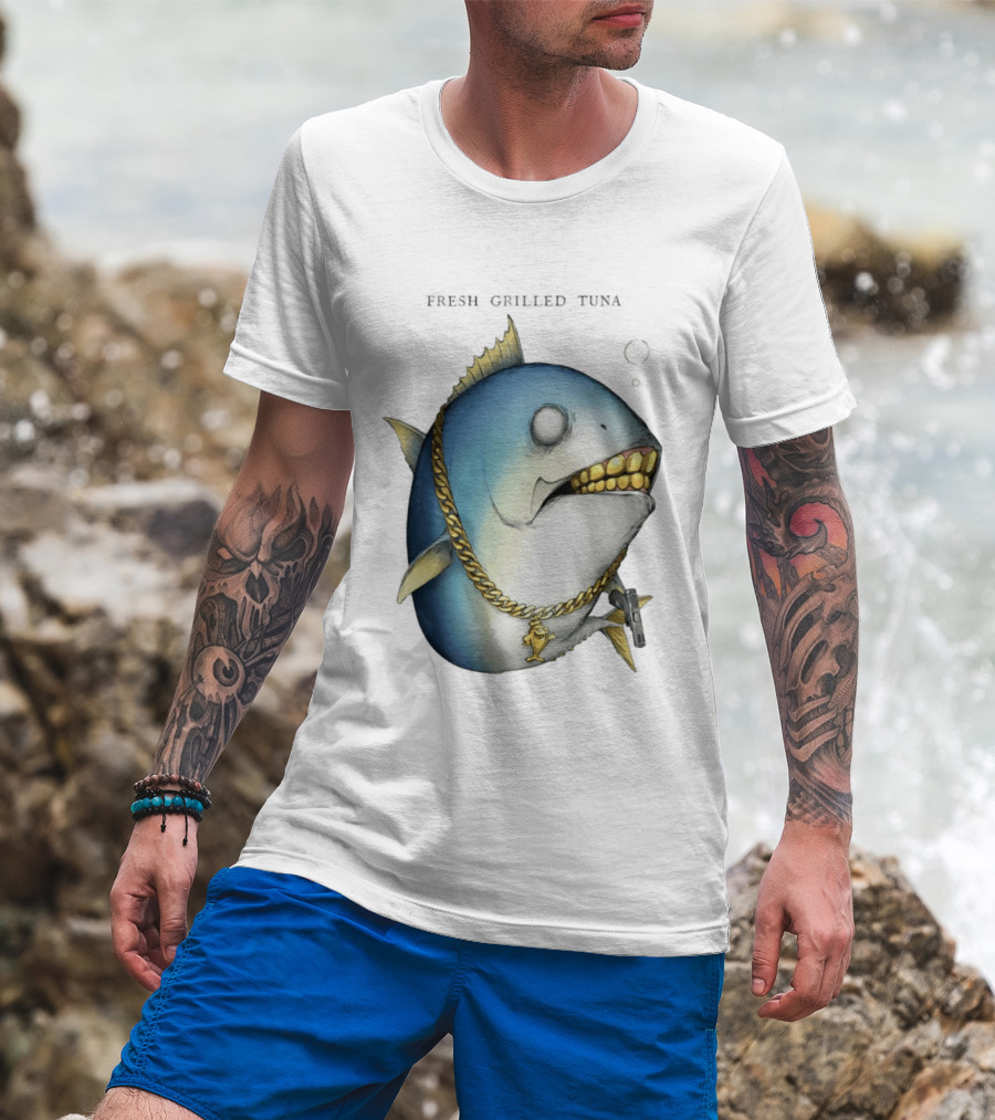Fish Gun Fresh Grilled Tuna Gangster Chain Gold Teeth T-Shirt