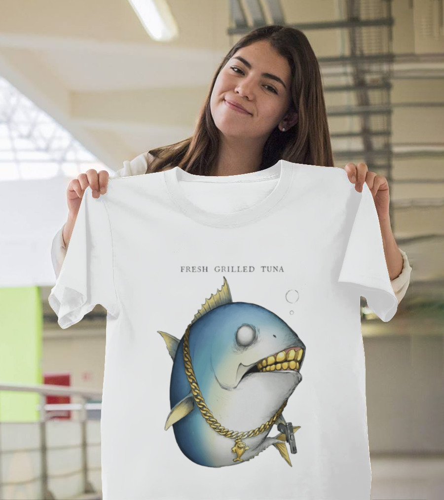 Fish Gun Fresh Grilled Tuna Gangster Chain Gold Teeth T-Shirt