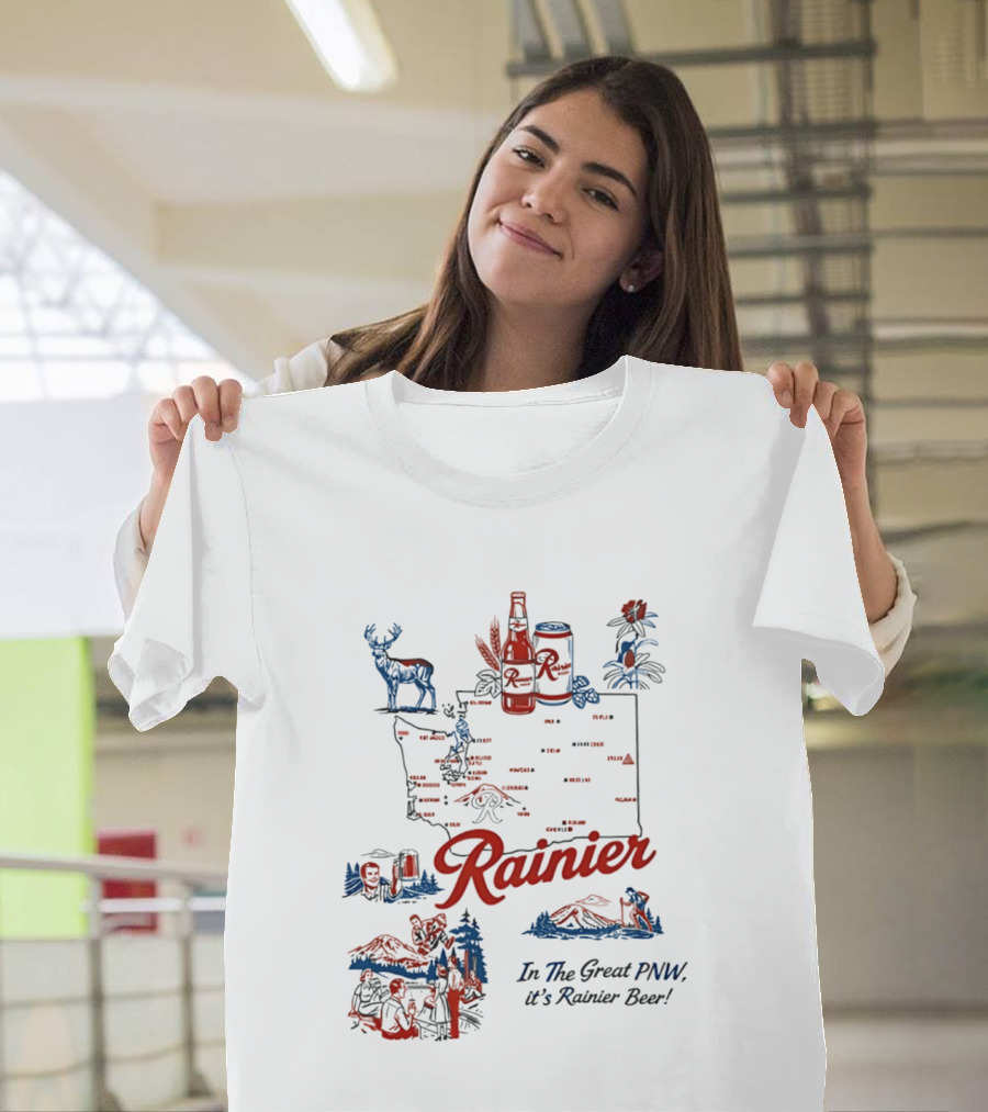 Rainier Beer In The Great PNW Rainier Beer Doodle Washington State Map Wilderness Scene T-Shirt
