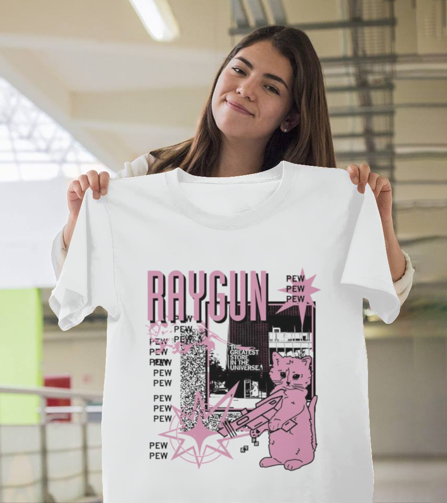RAYGUN Cat Pew Pew Sci Fi Retro Feline Blaster Adventure T-Shirt