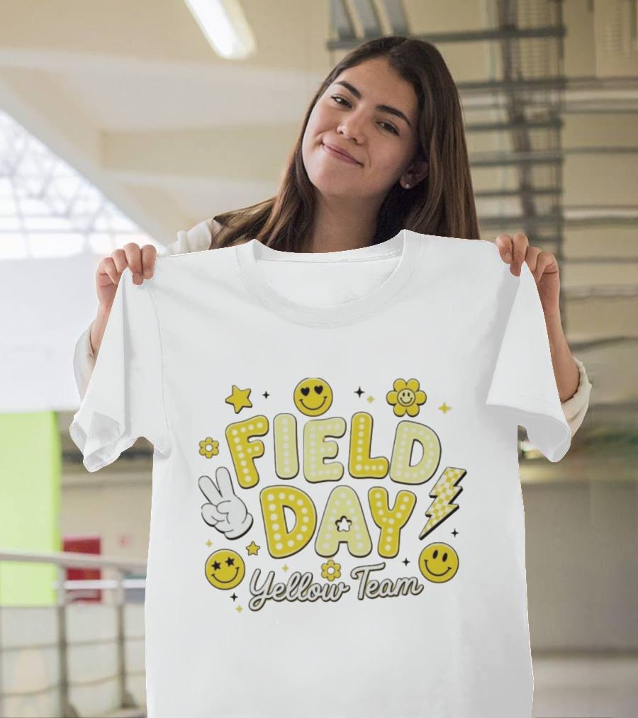 Field Day Yellow Team Smiley Faces Peace Sign Stars And Lightning Bolt T-Shirt