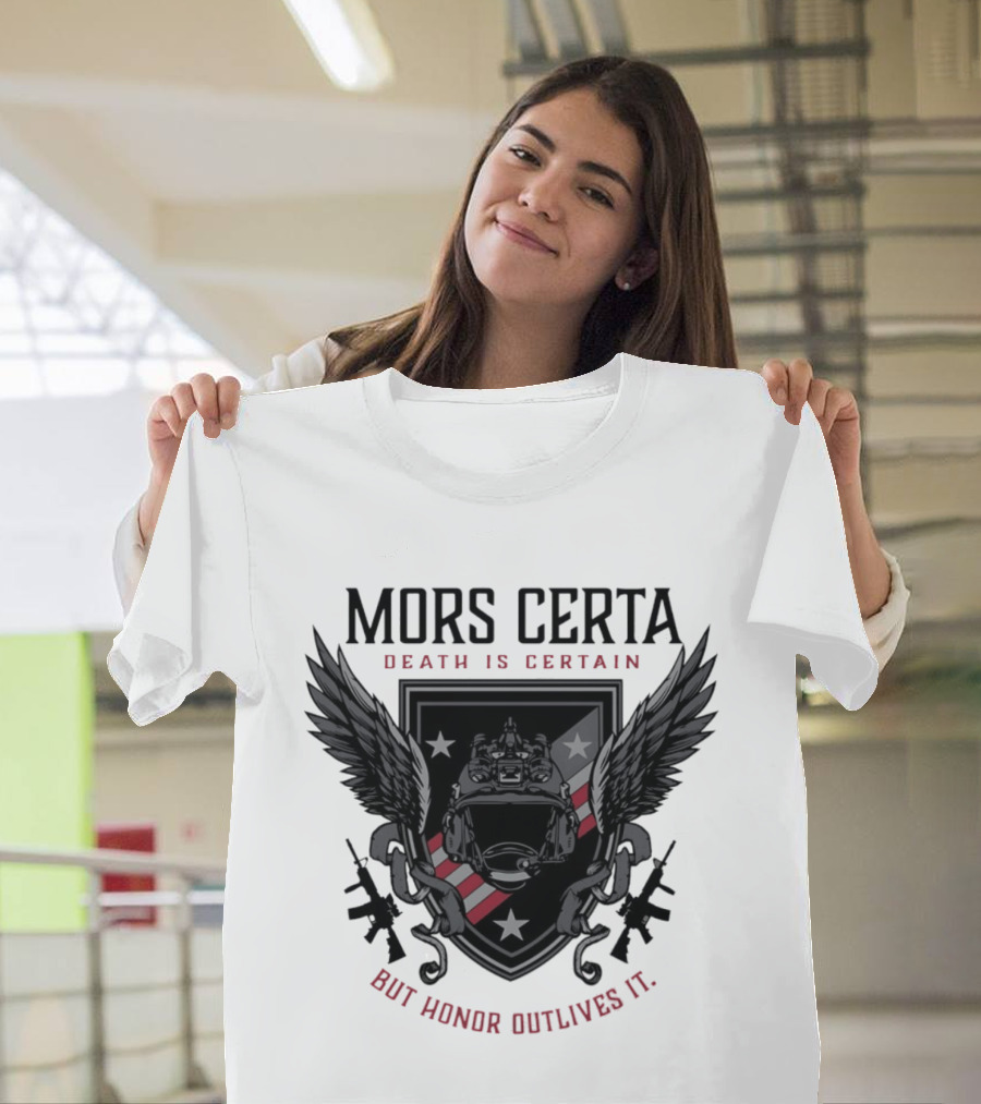 Mors Certa Death Is Certain But Honor Outlives It Winged Helmet Warrior's Legacy T-Shirt
