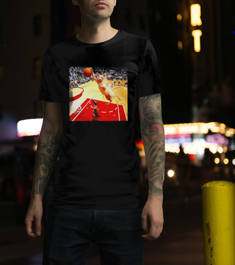 Sphynx Cat Slam Dunk Basketball Scene With Crowd T-Shirt