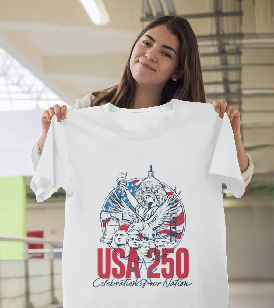 USA 250 Celebration Of Our Nation Symbols Liberty Capitol Eagle Mount Rushmore T-Shirt